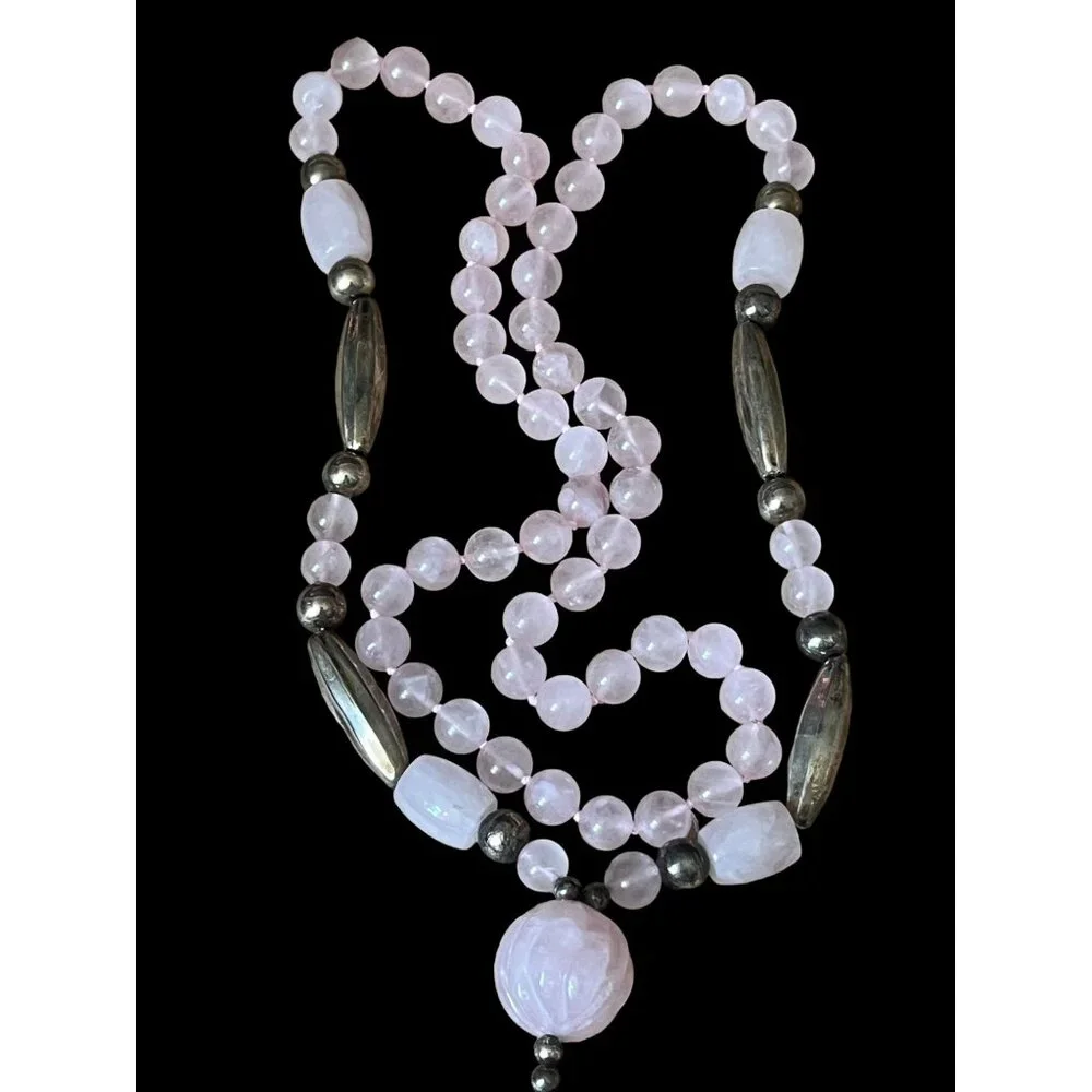 Vintage Rose Quartz Beaded Necklace w/Charms & Silver Accent Beads - Picture 2 of 16